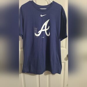 Nike Tee Atlanta Braves 100% Cotton Crew Neck Navy Blue T-Shirt, White "A" Logo